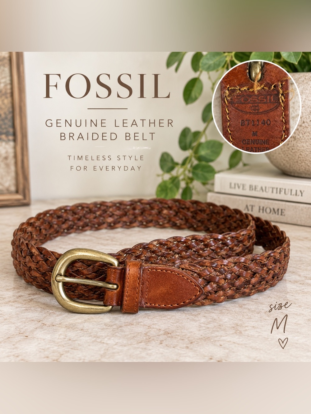 Fossil Braided Leather Belt Brown Genuine Leather Medium Boho Western